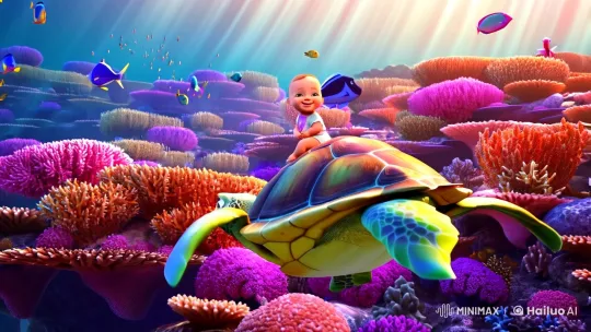 Baby on Turtle in Enchanting Coral Wonderland – AI Generated Video | Hailuo AI