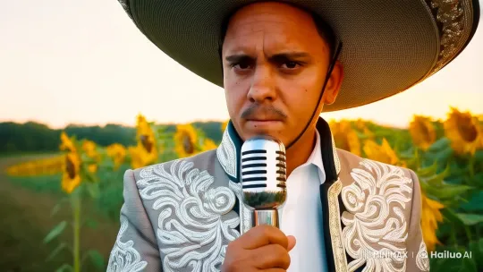 Mexican Charro Sings in Sunflower Field at Sunset – AI Generated Video | Hailuo AI