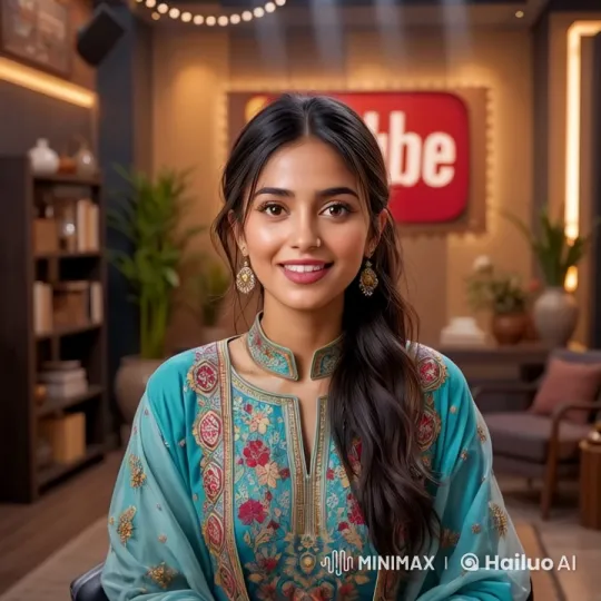 Young Woman in Traditional Attire Presents in Cozy YouTube Setting – AI Generated Video | Hailuo AI