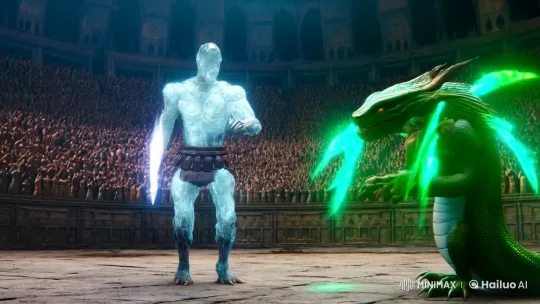 Stone Gladiator Triumphs Over Snake Demon in Ancient Arena – AI Generated Video | Hailuo AI