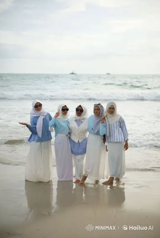 Five Women in Blue and White Perform Kung Fu at the Beach – AI Generated Video | Hailuo AI