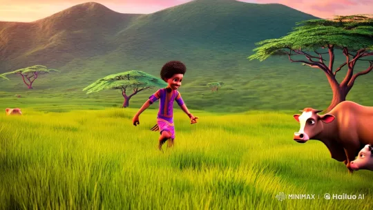 African Boy's Joyful Morning with Cows in Animated Pastoral Setting – AI Generated Video | Hailuo AI