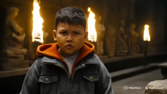 Boy Confronts Snake in Ancient Temple Setting – AI Generated Video | Hailuo AI