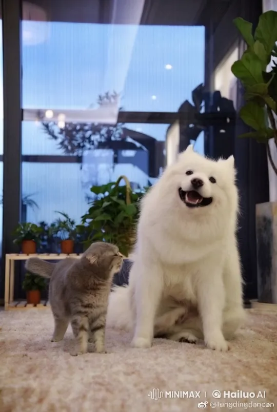 Fluffy Dog and Grey Cat Engage in Playful Kung Fu Battle – AI Generated Video | Hailuo AI