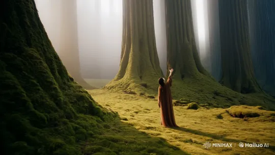 Mystical Connection: Figure in Ancient Forest Mist – AI Generated Video | Hailuo AI