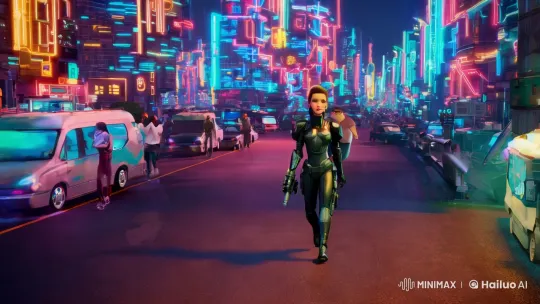 Futuristic Female Bounty Hunter in Cyberpunk City Adventure – AI Generated Video | Hailuo AI