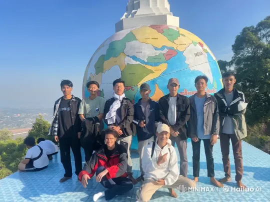 Friends in Playful Kung Fu Poses at Globe Monument – AI Generated Video | Hailuo AI