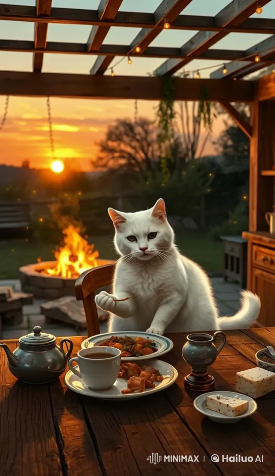 Content Summary: White Tabby Cat Chef Enjoying Homemade Dish in Peaceful Countryside – AI Generated Video | Hailuo AI