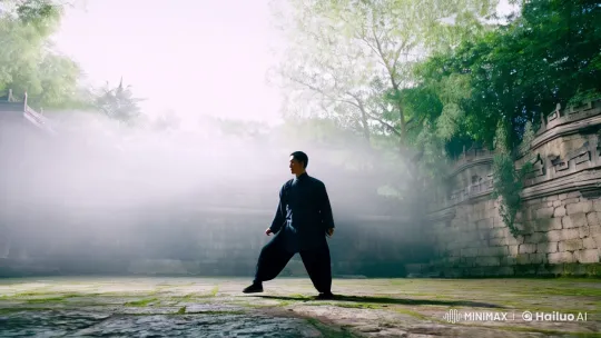 Martial Artist Showcases Mastery in Misty Courtyard – AI Generated Video | Hailuo AI