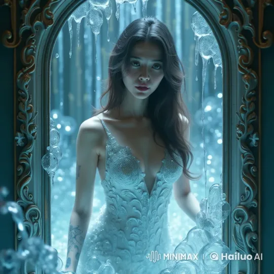Enchanted Woman in Lace Dress Before Magical Mirror – AI Generated Video | Hailuo AI