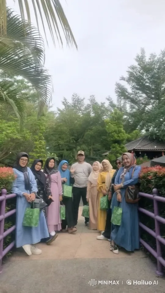 Nine People on Bridge Holding Gift Bags Amidst Greenery – AI Generated Video | Hailuo AI