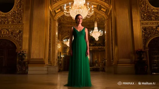 Woman in Grand Ballroom: A Dance of Elegance and Drama – AI Generated Video | Hailuo AI