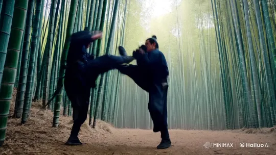 Agile Fighters Engage in Bamboo Forest Martial Arts Battle – AI Generated Video | Hailuo AI