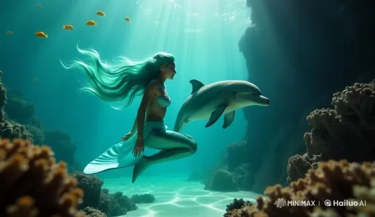 Mermaid and Dolphin Dance in Enchanted Underwater – AI Generated Video | Hailuo AI