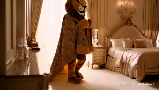 Elegant Bedroom Scene with Animated Lion Mascot Costume – AI Generated Video | Hailuo AI