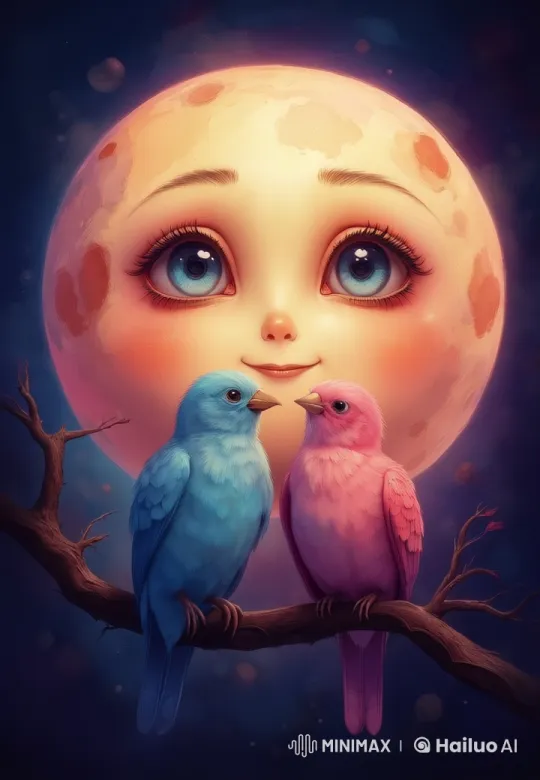 Cute Love Birds Nuzzle Under Joyful Moonlight – AI Generated Video | Hailuo AI