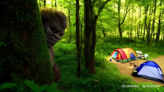 Troll Spies on Unaware Campers in Lush Forest – AI Generated Video | Hailuo AI