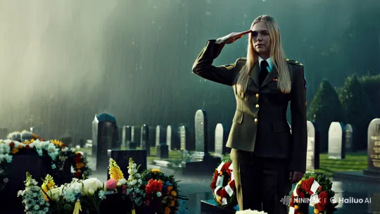 Saluting Soldier Amidst Rainy Cemetery – AI Generated Video | Hailuo AI