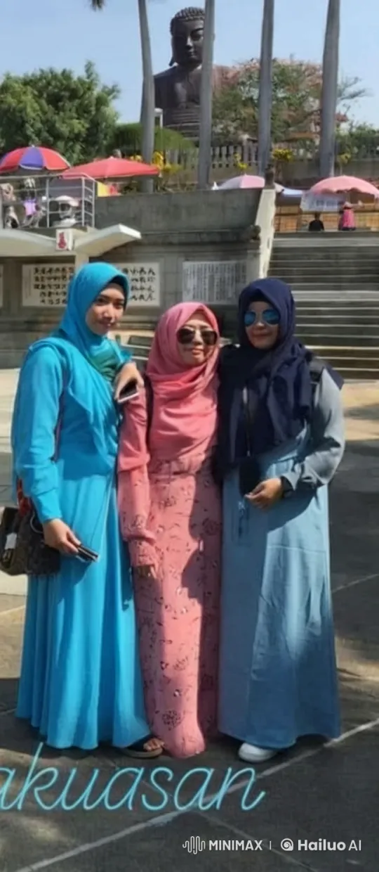 Three Women in Hijabs Pose Playfully at Historical Site – AI Generated Video | Hailuo AI