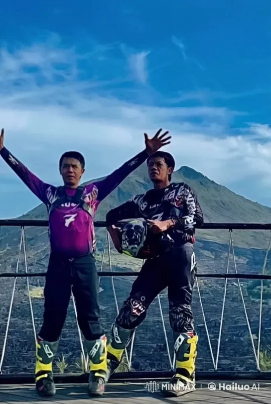 Martial Arts Combat on Mountain Deck with Motocross Outfits – AI Generated Video | Hailuo AI