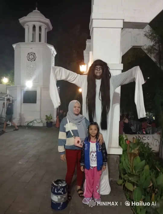 Family Poses with Winged Performer at Night – AI Generated Video | Hailuo AI
