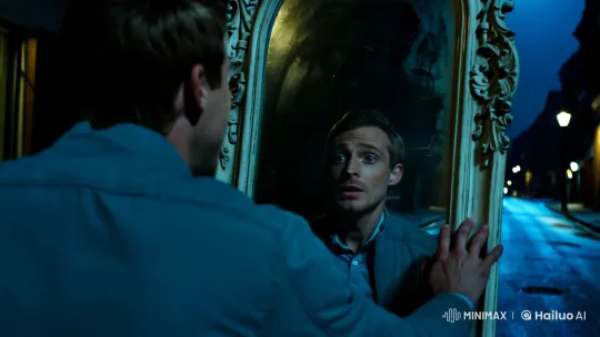 Man's Uneasy Encounter with a Haunted Mirror Reflection – AI Generated Video | Hailuo AI