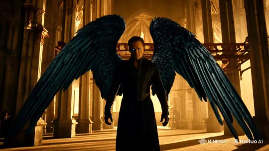 Man with Majestic Wings in Gothic-Industrial Space – AI Generated Video | Hailuo AI