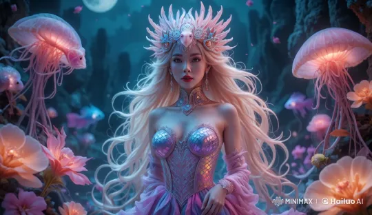 Enchanting Underwater Ballet with Glowing Jellyfish and Flowers – AI Generated Video | Hailuo AI