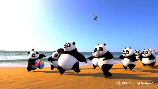 Pandas Joyfully Dance on Sunlit Beach – AI Generated Video | Hailuo AI