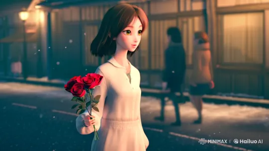 Anime Girl Walks Through Snowy Japanese Street at Dusk – AI Generated Video | Hailuo AI
