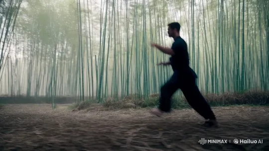 Martial Artist Performs Graceful Combat in Bamboo Forest – AI Generated Video | Hailuo AI