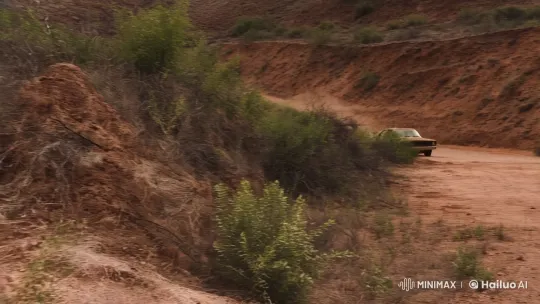 Dusty Road Chase: Aging Car in Slow Motion – AI Generated Video | Hailuo AI
