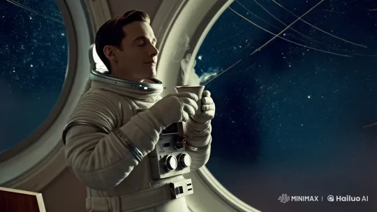 Retro Spacecraft: Astronaut Sips Coffee in Cosmic Solitude – AI Generated Video | Hailuo AI