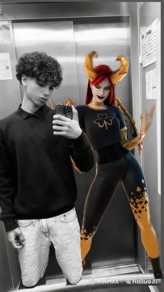 Young Man Takes Selfie with Animated Character in Elevator – AI Generated Video | Hailuo AI