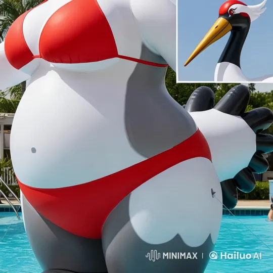 Inflatable Crane in Red Bikini Deflates by the Pool – AI Generated Video | Hailuo AI