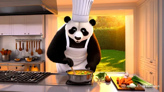Giant Panda Chef in Modern Kitchen: Culinary Artistry – AI Generated Video | Hailuo AI