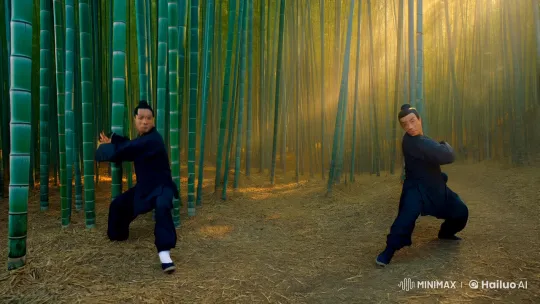 Kung Fu Duel in the Bamboo Forest Dawn – AI Generated Video | Hailuo AI
