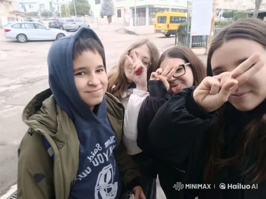 Friends Playfully Spar and Laugh Near Parked Bus – AI Generated Video | Hailuo AI