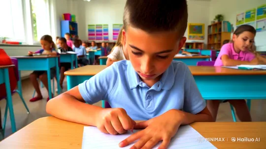 Focused Boy in Sunlit, Active Classroom – AI Generated Video | Hailuo AI