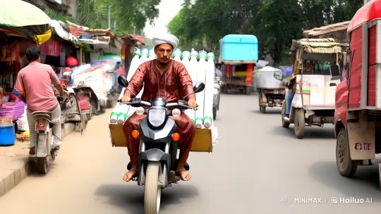 Man with Beard Delivers Gas Tubes on Busy Street – AI Generated Video | Hailuo AI