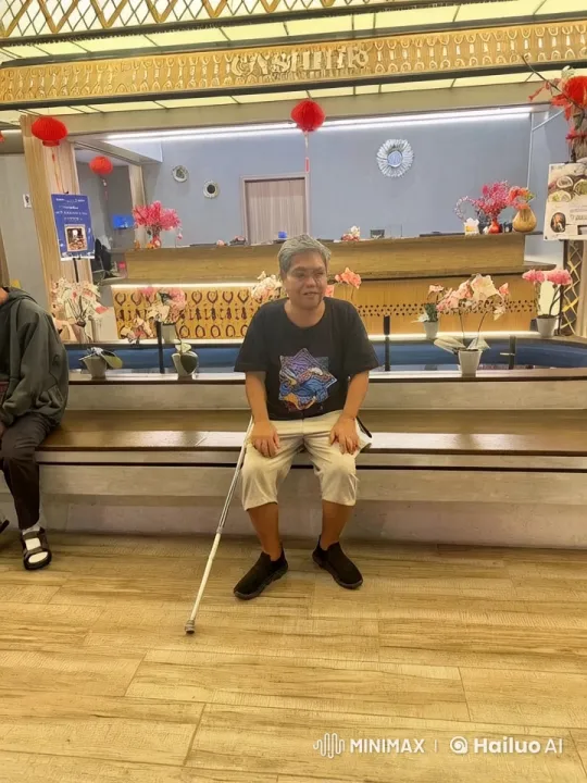 Person Enjoying Festive Atmosphere and Food with Walking Cane – AI Generated Video | Hailuo AI
