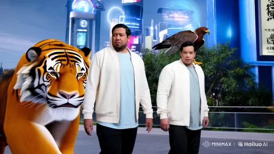 Man, Tiger, and Eagle Walk Through Futuristic City – AI Generated Video | Hailuo AI