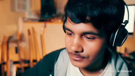 Young Musician in a Cozy Studio, Engaged in Creative Process – AI Generated Video | Hailuo AI