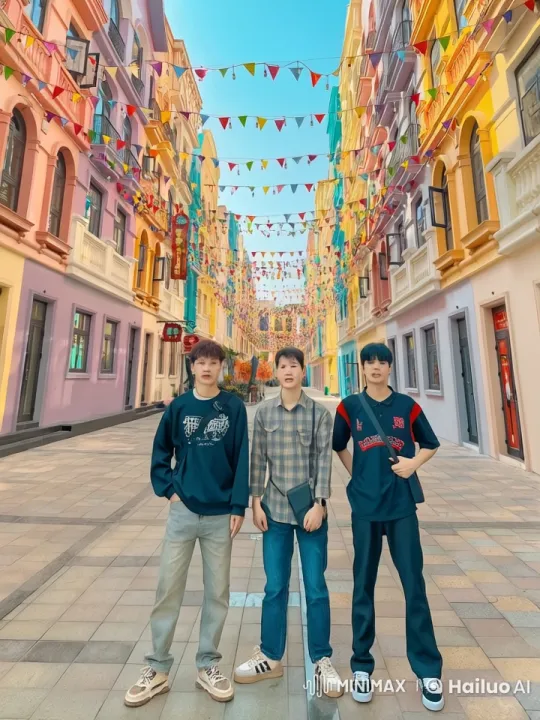 Friends Enjoy Festive Street with Colorful Architecture – AI Generated Video | Hailuo AI