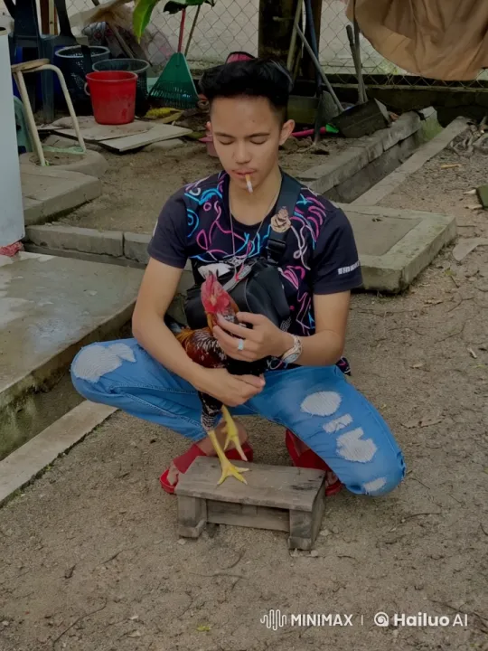 Young Person With Rooster Amidst Rural Garden Setting – AI Generated Video | Hailuo AI