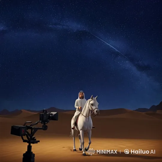 Night Desert Ride: Majestic Arab Man and White Horse – AI Generated Video | Hailuo AI