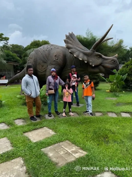 Family Practicing Kungfu in Park with Triceratops Statue – AI Generated Video | Hailuo AI
