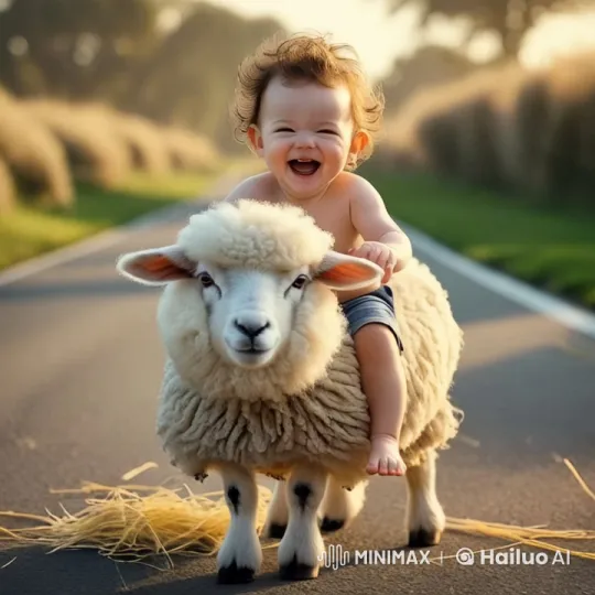 Baby Laughs Riding Fluffy Sheep on Road – AI Generated Video | Hailuo AI