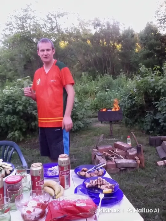 Man Enjoying Outdoor Feast in Animated Garden Setting – AI Generated Video | Hailuo AI