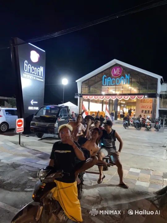 Young Men Display Martial Arts Skills Outside Mie Gacoan Restaurant – AI Generated Video | Hailuo AI
